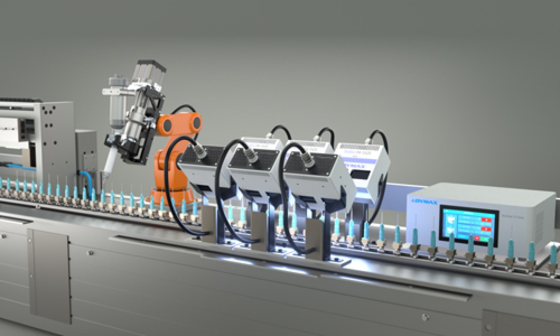 Dymax BlueWave® FX Line Emitters on an automated processing line curing medical device syringes
