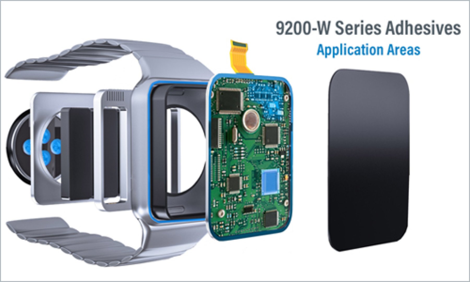 An exploded diagram of a smartwatch showing typical application areas where Dymax light-curable materials can be used for assembly