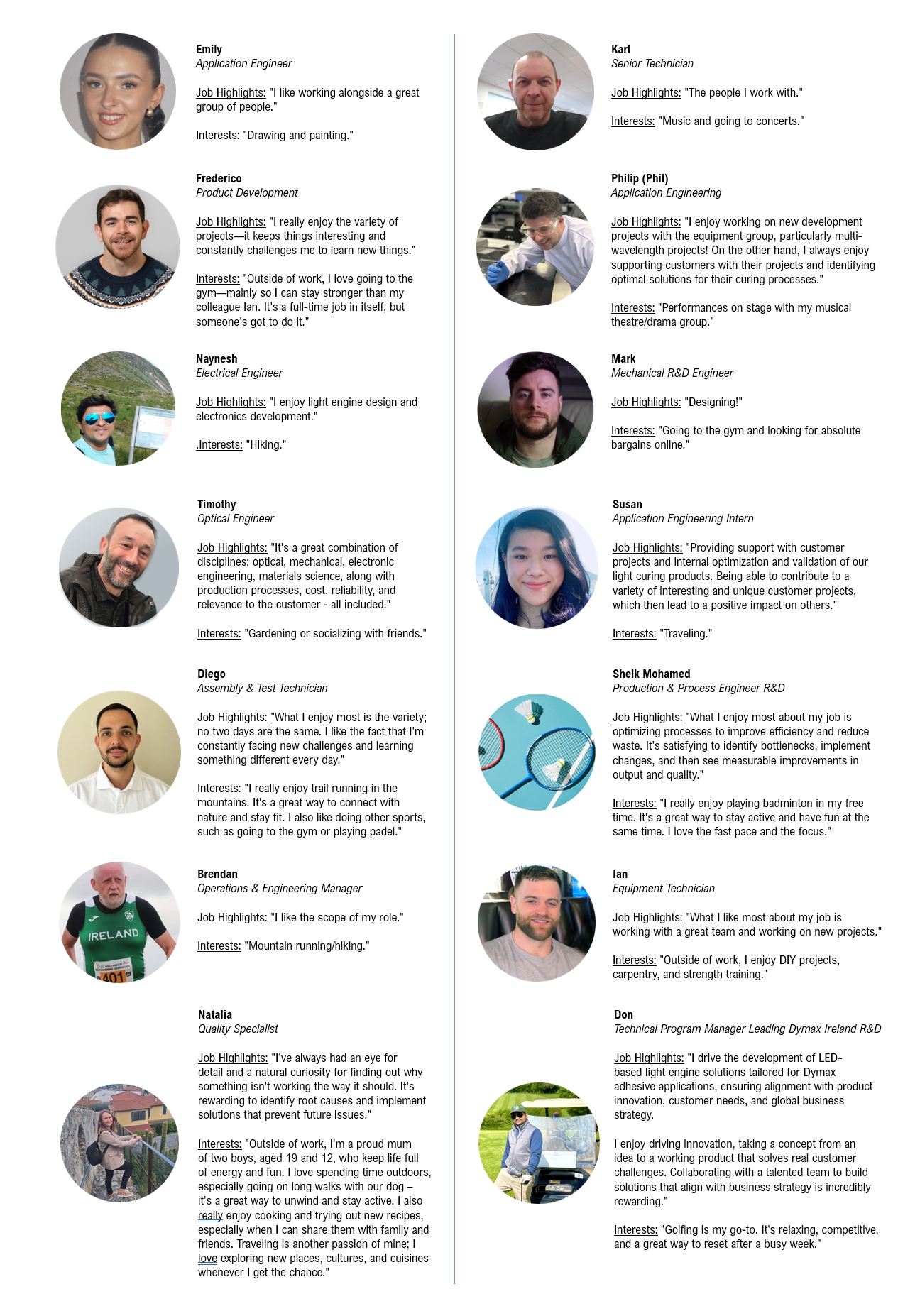 The Dymax Ireland team talks about their jobs and interests.